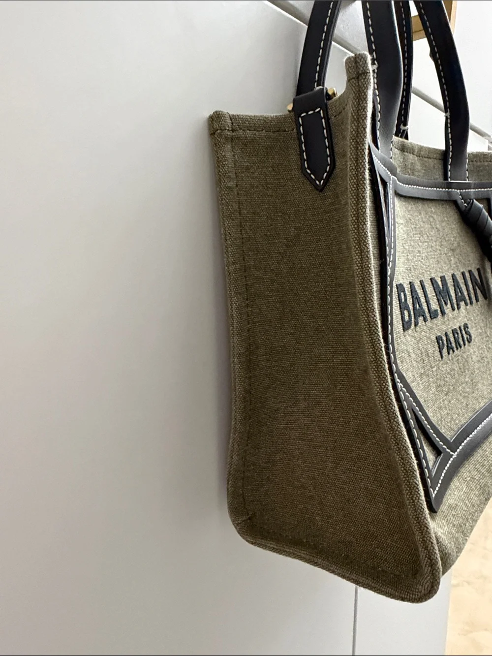 Balmain Olive Canvas Tote with Black Leather Trim